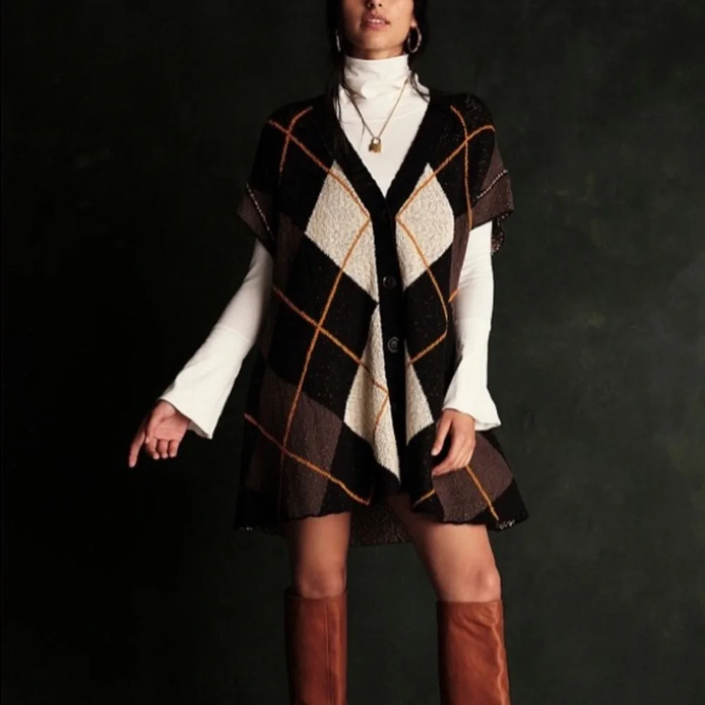 Free People Argyle Swing Chunky Knit Cardigan Dress, Medium - Picture 5 of 16